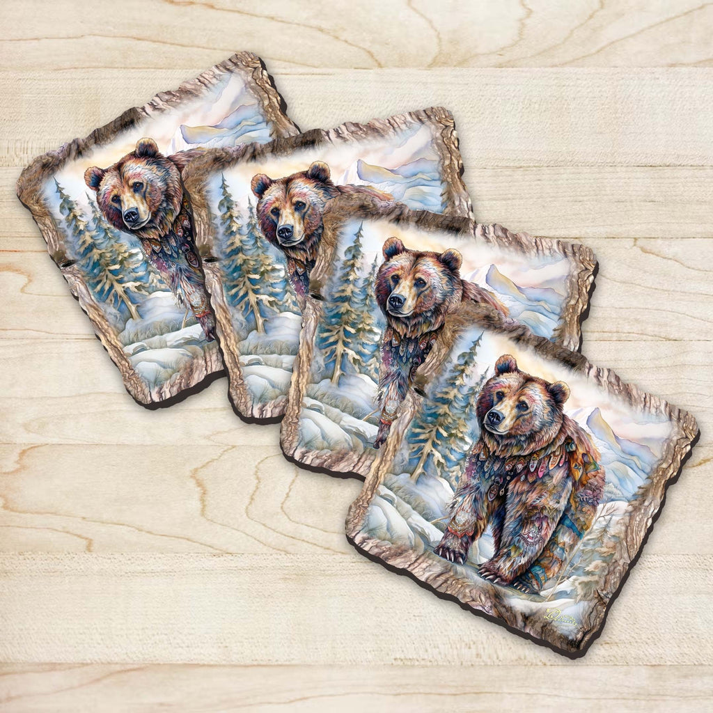 Grizzly Bear Wooden Cork Coasters Gift Set of 4 by Nature Wonders Nature Wildlife Decor  - 95397C-S4