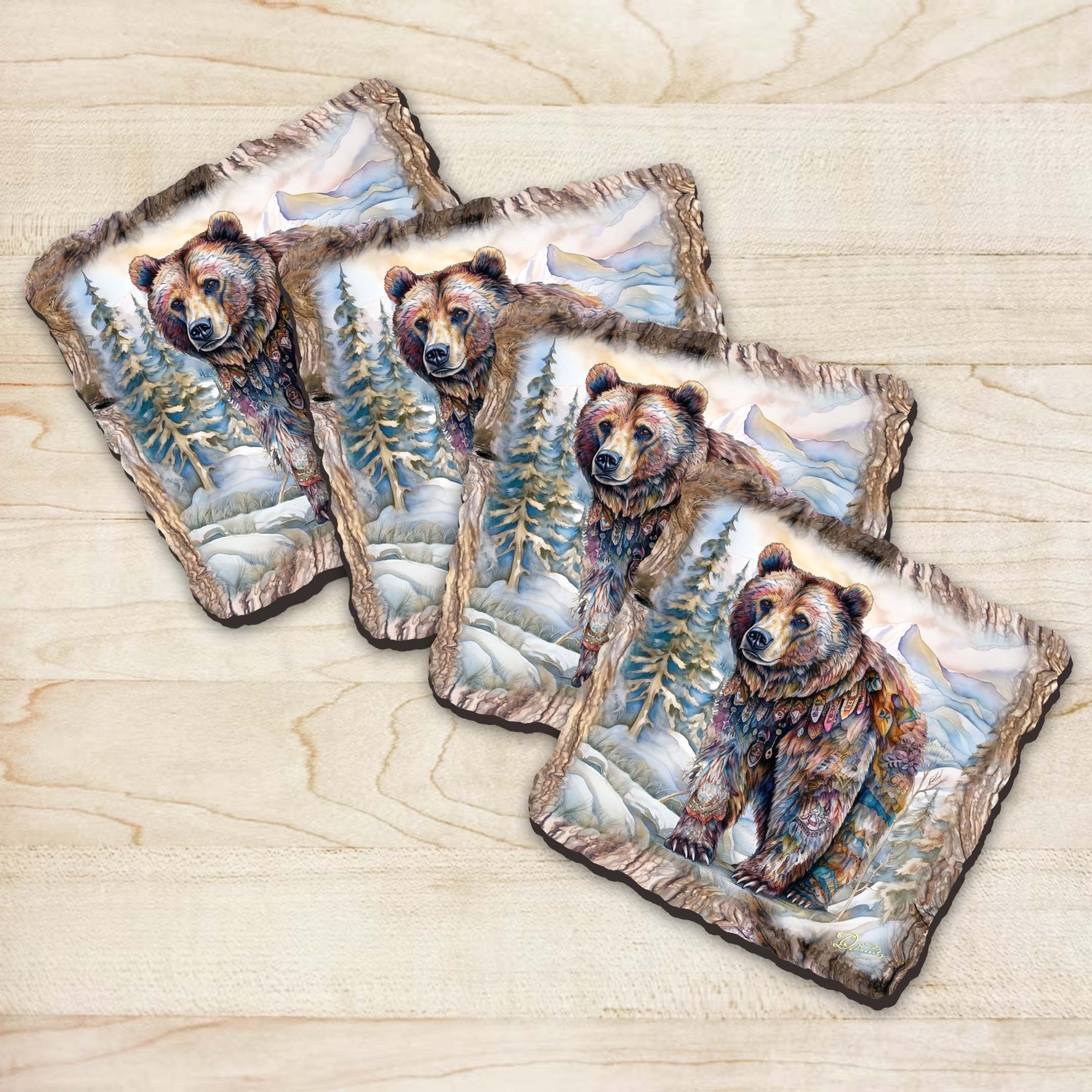 Grizzly Bear Wooden Cork Coasters Gift Set of 4 by Nature Wonders Nature Wildlife Decor  - 95397C-S4