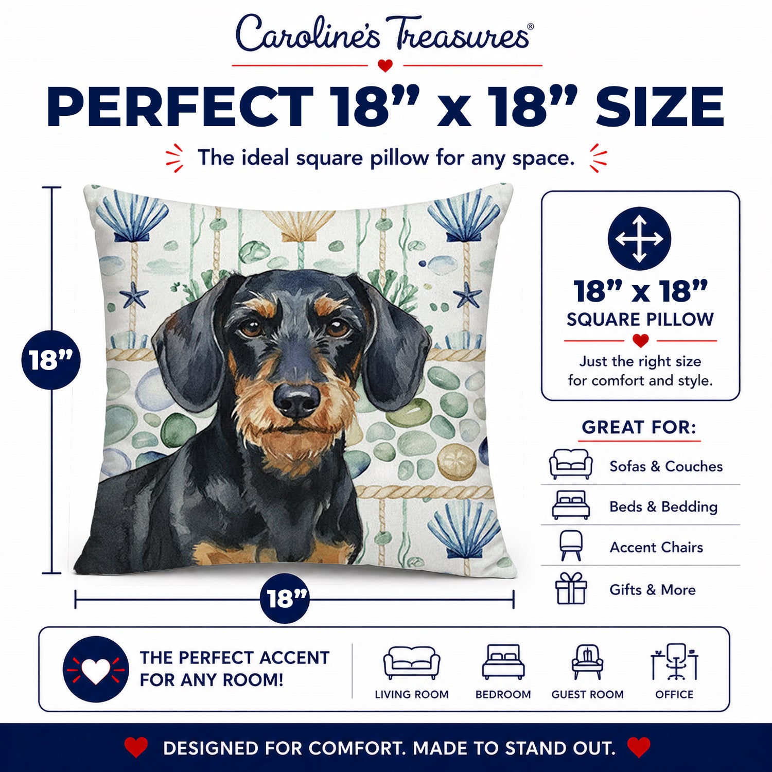 Wirehaired Black and Tan Dachshund Coastal Sea Glass Decorative Throw Pillow 18x18 Indoor Outdoor Accent Cushion, Fabric Cover with Insert for Sofa, Bed, Porch & Living Room