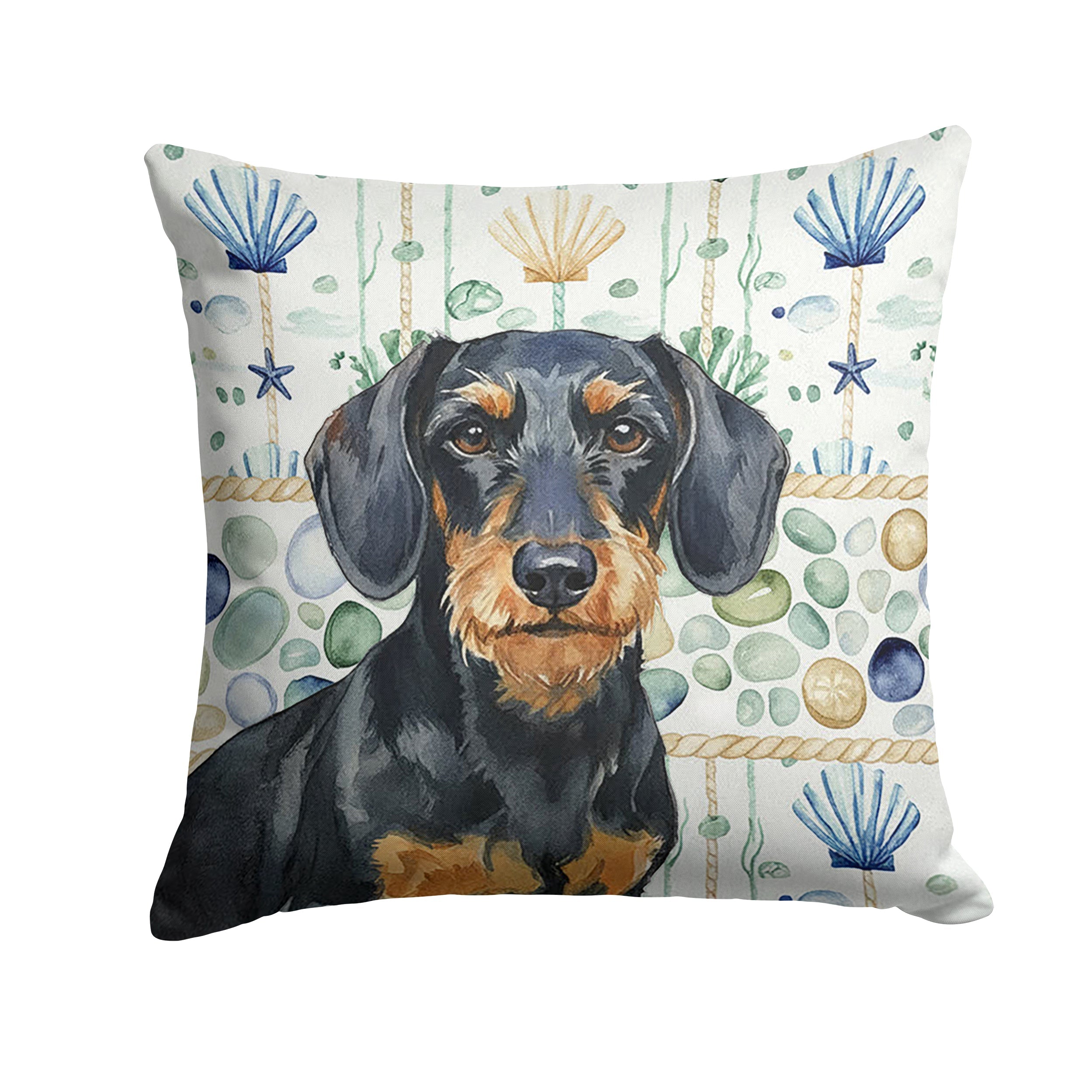 Wirehaired Black and Tan Dachshund Coastal Sea Glass Decorative Throw Pillow 18x18 Indoor Outdoor Accent Cushion, Fabric Cover with Insert for Sofa, Bed, Porch & Living Room