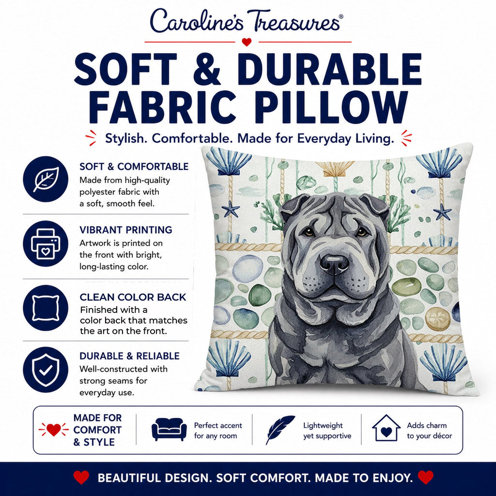 Black Shar Pei Coastal Sea Glass Decorative Throw Pillow 18x18 Indoor Outdoor Accent Cushion, Fabric Cover with Insert for Sofa, Bed, Porch & Living Room