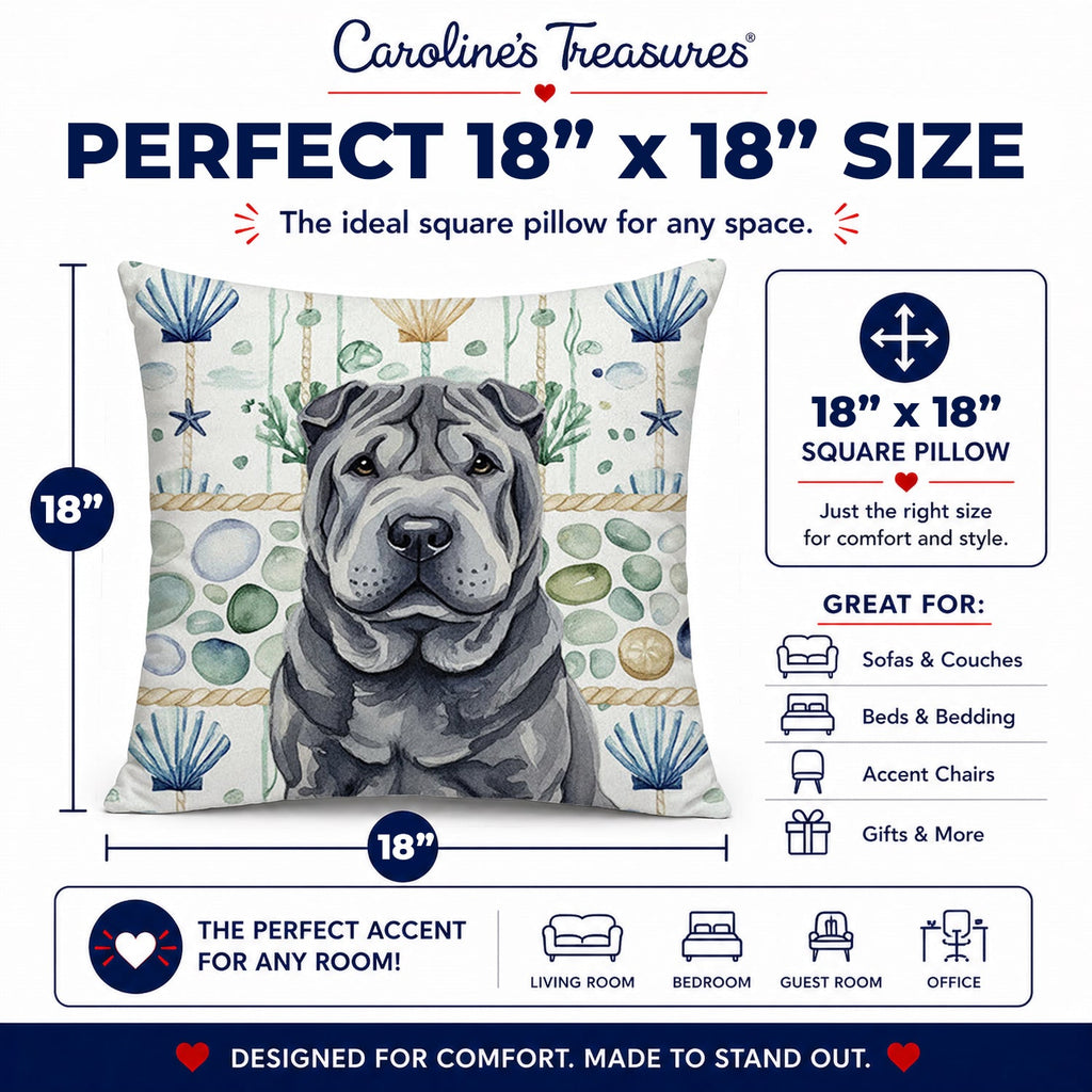 Black Shar Pei Coastal Sea Glass Decorative Throw Pillow 18x18 Indoor Outdoor Accent Cushion, Fabric Cover with Insert for Sofa, Bed, Porch & Living Room