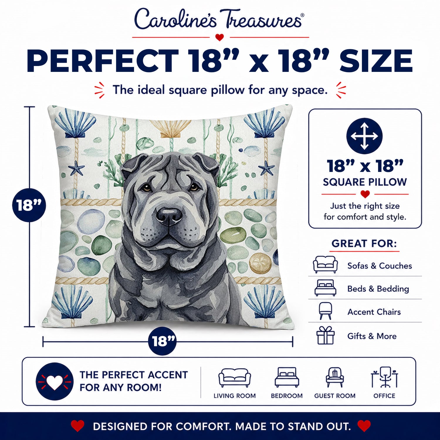 Black Shar Pei Coastal Sea Glass Decorative Throw Pillow 18x18 Indoor Outdoor Accent Cushion, Fabric Cover with Insert for Sofa, Bed, Porch & Living Room