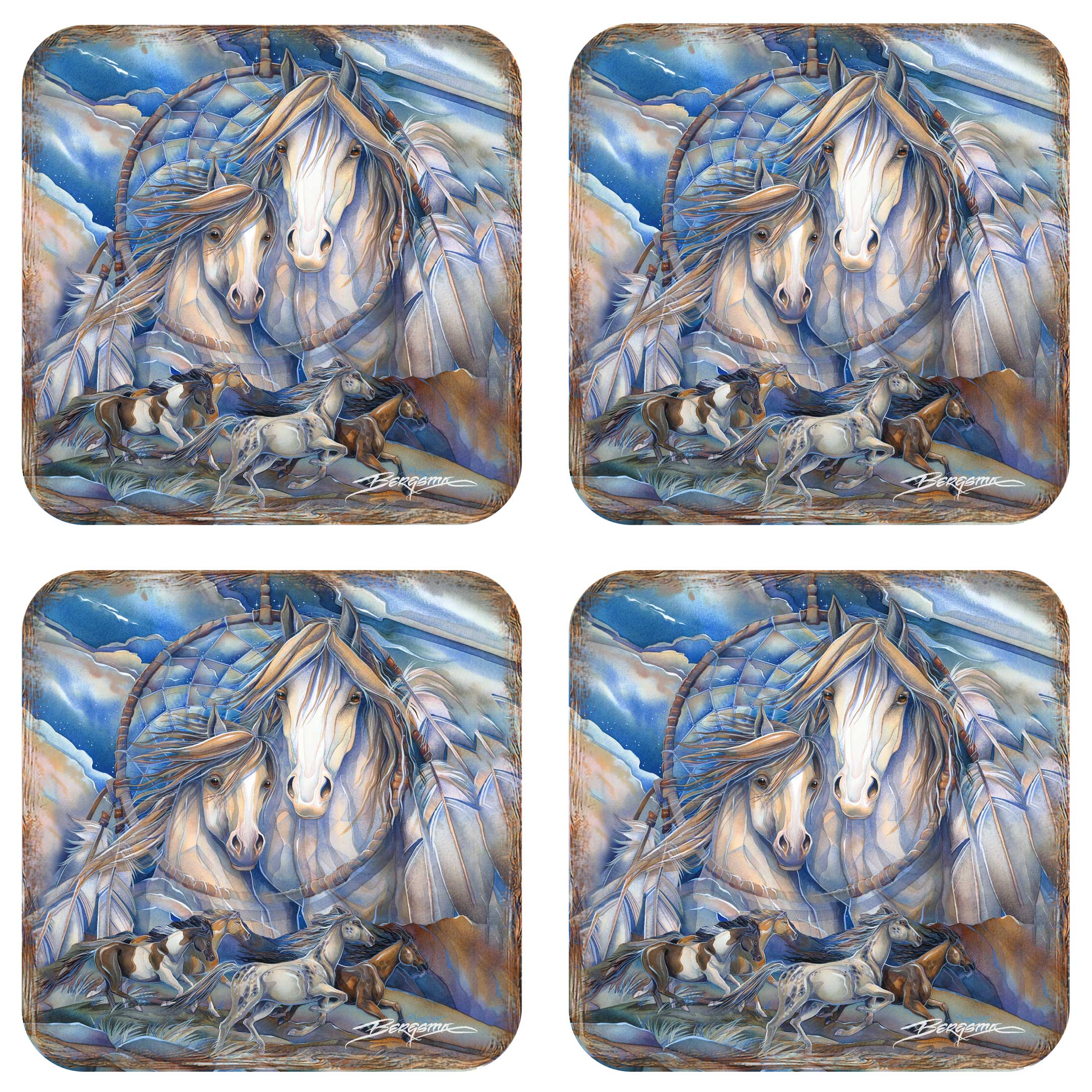 Mustangs Dream Catcher Wooden Cork Coasters Gift Set of 4 by J. Bergsma - Wildlife Decor  - 8199469C-S4