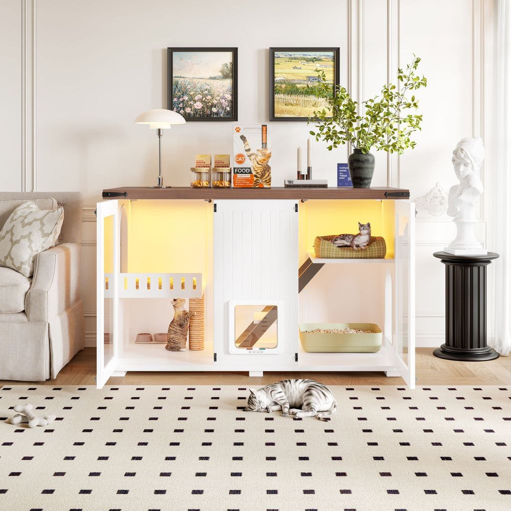 47.25" Large Cat Litter Box Enclosure with LED Light, Hidden Litter Box Furniture, Cat House with Stairs and Cat Scratching Post, Cat Cabinet Side Table with Smart Doors for Living Room