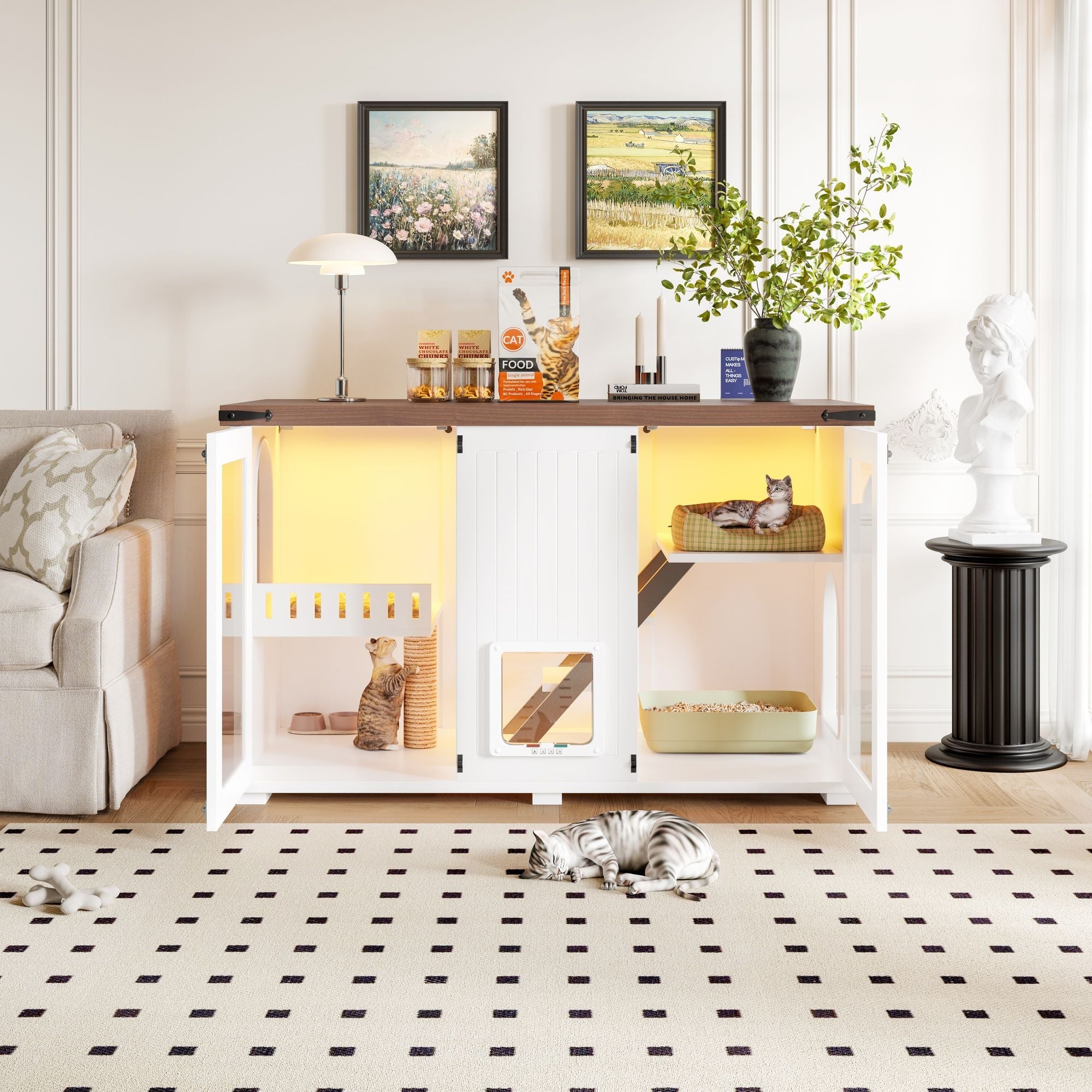 47.25" Large Cat Litter Box Enclosure with LED Light, Hidden Litter Box Furniture, Cat House with Stairs and Cat Scratching Post, Cat Cabinet Side Table with Smart Doors for Living Room